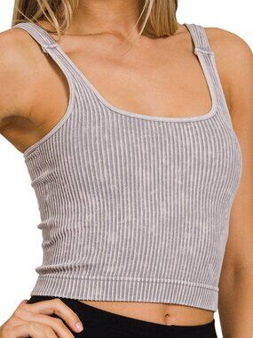 Washed Seamless Square Neck Bra Padded Tank Top in Sleet